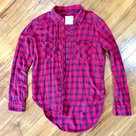 Abercrombie Fitch high low red blue plaid flannel shirt top winter long … - Picture 6 of 6